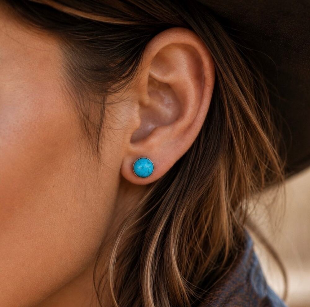 Blue Turquoise Oval Stud Earrings Sterling Silver Southwestern Western Earrings